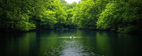 Serene park lake reflection tranquil ducks in nature