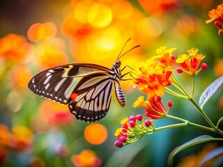 Obraz premium Double Exposure: Black, White & Red Zebra Longwing Butterfly on Firebush Flower