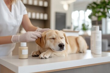 A happy dog is receiving gentle grooming in a spa-like environment, showcasing the importance of care and pampering for pets and their well-being.