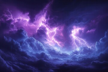turbulent apocalyptic cloudscape deep purples and charcoal grays lightning strikes illuminating mammoth storm formations creating otherworldly atmospheric drama
