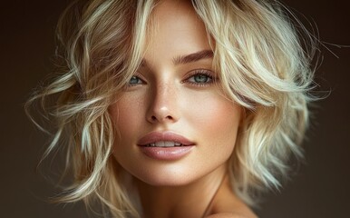 Naklejka premium Beautiful model woman with blonde textured short hair in soft lighting portrait fashion cosmetics makeup