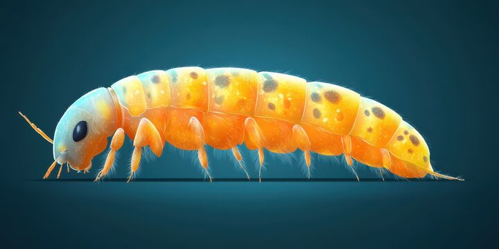 Detailed Colorful Illustration of a Springtail Bug with Bright Orange and Blue Hues on a Dark Background Showing Its Textured Exoskeleton