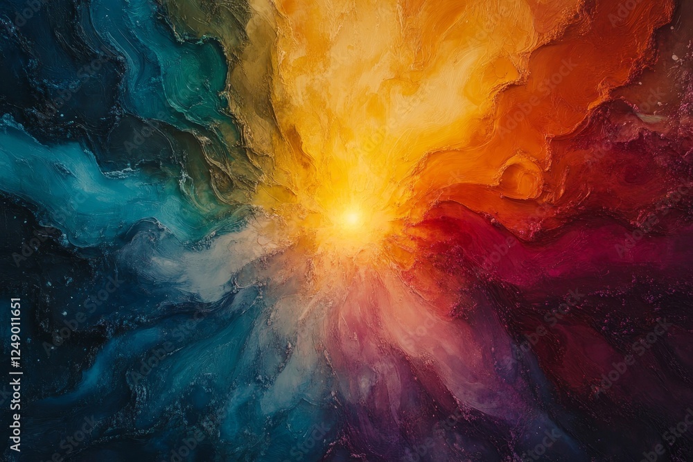 Poster abstract colorful swirling nebula with bright light at the center of the colorful cosmos. this image