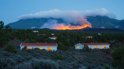 Fototapeta premium A glowing mountain village engulfed in thick fog and ash after a nearby volcanic eruption, with rooftops barely visible through the haze. The eerie glow from the distant lava flow adds a sense 