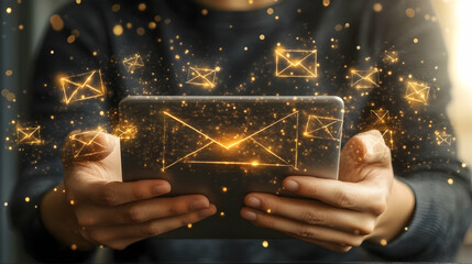 Person holding tablet with email icons