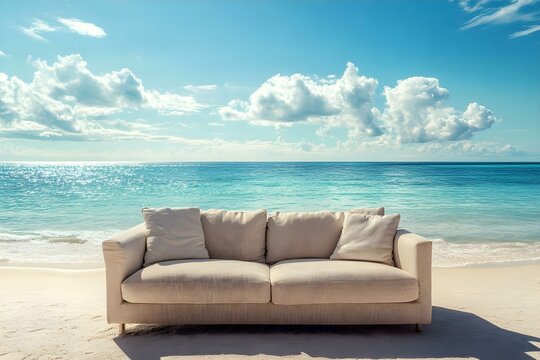 A light-colored couch placed on a sandy beach with a view of calm turquoise waters and a clear sky. Concept Beachfront Decor, Coastal Aesthetics, Relaxing Ambiance, Turquoise Waters