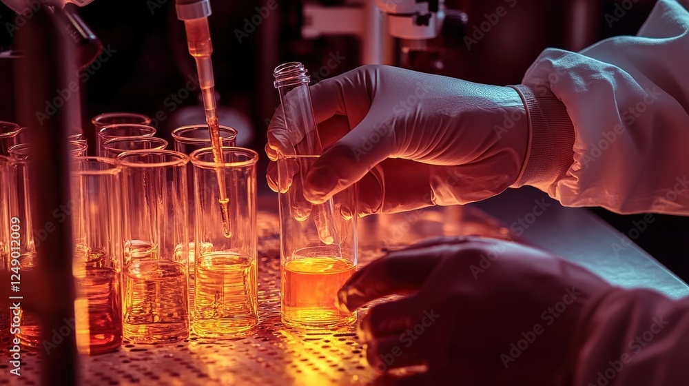 Poster hands conducting laboratory experiment with colorful liquids in test tubes
