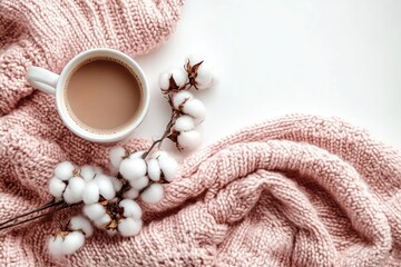 Coffee cup pink knitted blanket cotton flowers flat lay on white background cozy minimal design
