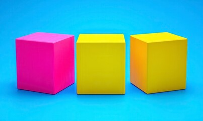 Fototapeta premium Three vibrant pixelated cubes in magenta, yellow, and orange sit on a bright azure background. Geometric shapes in bold, contrasting colors against a