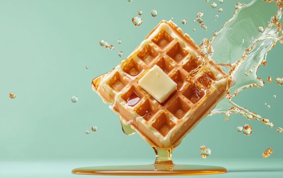 Levitating crispy waffle with maple syrup splashes and butter melting, mid-air on a pastel green background