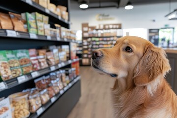 Fototapeta na wymiar A thoughtful Golden Retriever gazes intently at the selection of pet supplies on the shelves, symbolizing the care and responsibility of pet ownership in a modern retail setting.