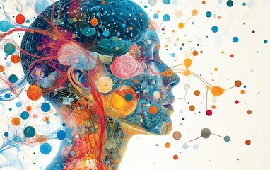 Graphic representation of the gutbrain axis, balanced gut microbiome affecting mood regulation and mental health, neural pathways linking gut to brain with vibrant colors