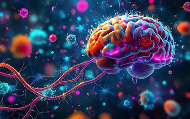 Graphic representation of the gutbrain axis, balanced gut microbiome affecting mood regulation and mental health, neural pathways linking gut to brain with vibrant colors