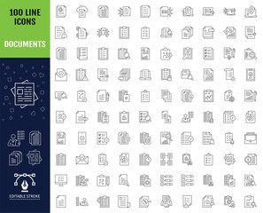 Big set of 100 Documents line icons set. Editable stroke. Containing File, page, form, report, search, list and more. Vector illustration