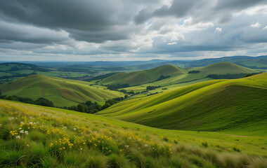 Obraz premium Rolling Green Hills Under Dramatic Sky