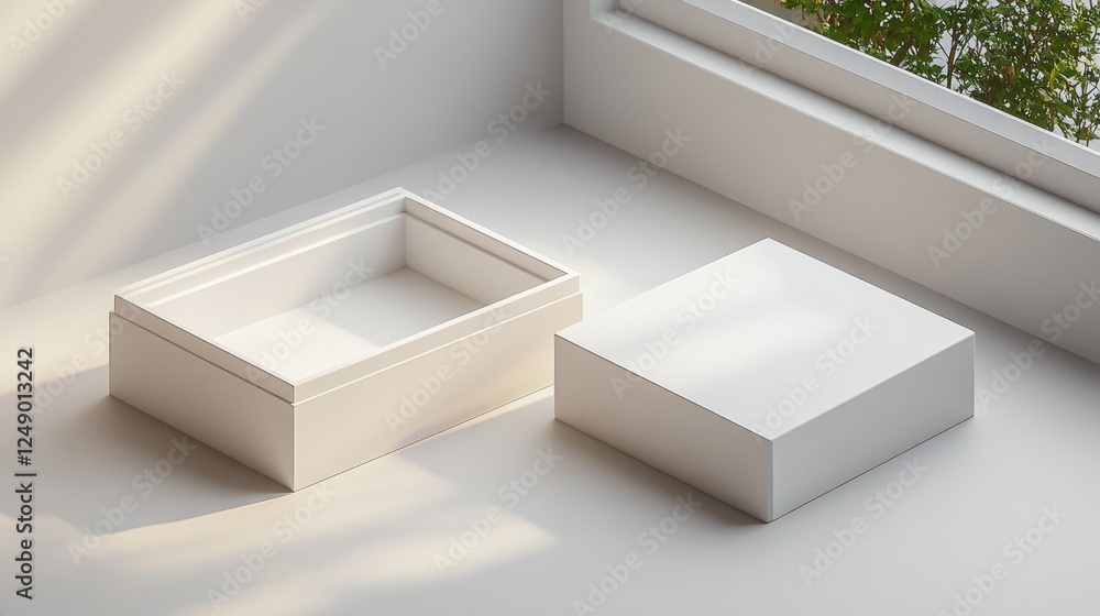 Poster Minimalist open and closed white box mockup on smooth surface with soft lighting and gentle shadows for packaging design