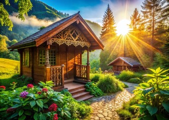 Obraz premium Double Exposure: Rustic Wooden Cabanas & Garages - Idyllic Outdoor Retreat