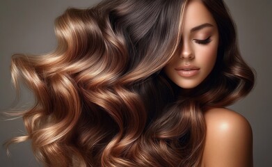 Obraz premium Beautiful brunette girl with long shiny wavy black hair in high fashion editorial style soft curls