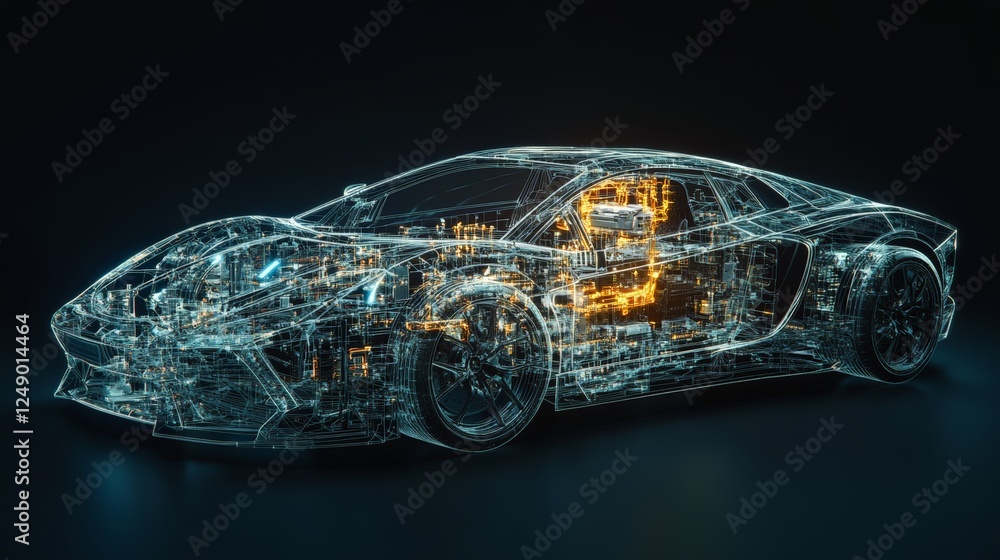 Aufkleber Glowing lines and nodes form the intricate wireframe of a futuristic sports car, highlighting the internal structure and engine components against a dark backdrop