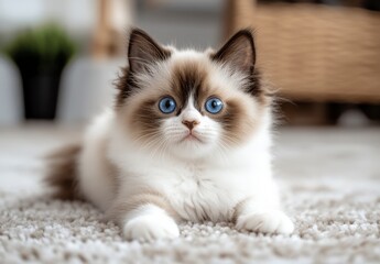 Adorable fluffy kitten with bright blue eyes lying on carpet