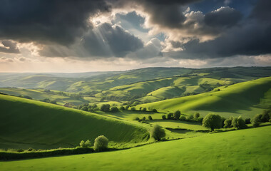 Fototapeta premium Rolling Green Hills Under Dramatic Sky