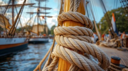 Fototapeta premium Close-up nautical rope knot on ship mast, sailing vessels in background