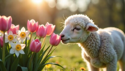 Lamb with closed eyes leaning towards a bouquet of pink tulips and white daffodils in a sunlit field