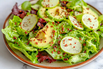 Fresh green salad with avocado and red pepper