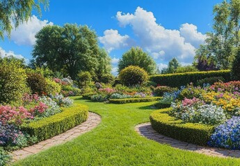 Obraz premium Lush Vibrant Garden with Colorful Flowers and Green Hedges Under Bright Blue Sky