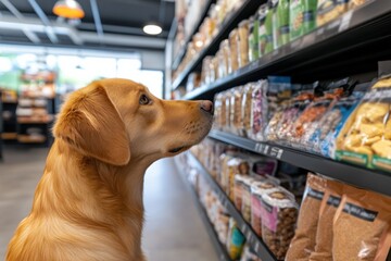 A curious golden retriever intently gazing at the various pet food options on the shelf, highlighting the wonder of choice and the dog's desire for something special.