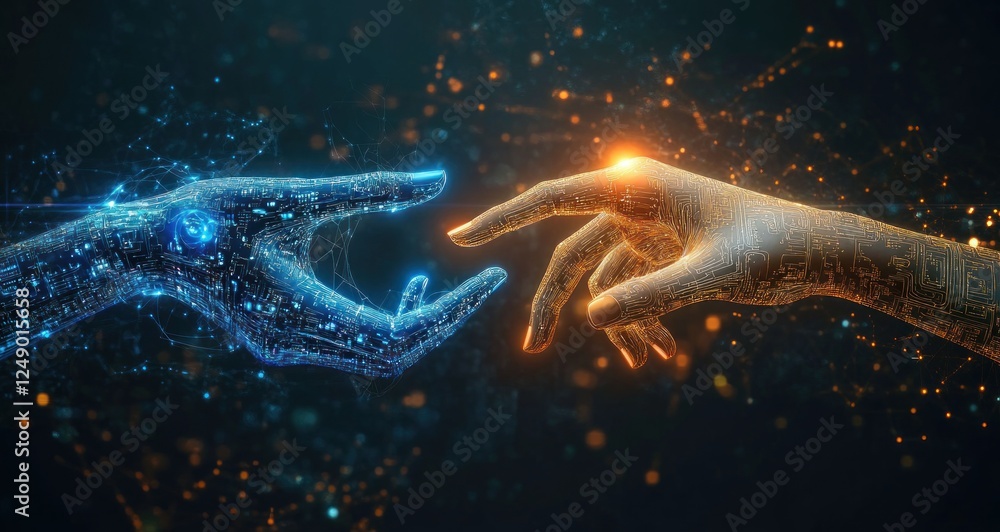 Poster AI Connection Between Human and Machine in a Futuristic Cyberpunk World with Neon Lights and Circuit Patterns