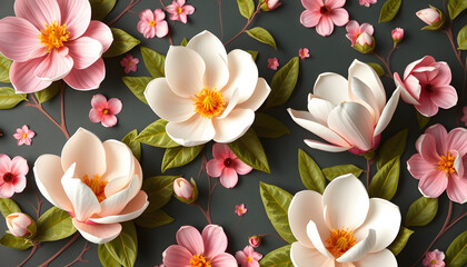 Spring floral wallpaper with magnolia flowers, papercraft. with white shades
