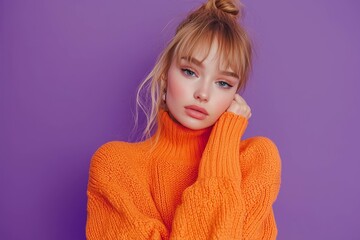 Photo portrait of nice young girl look empty space crossed arms wear trendy knitwear orange garment on violet color background.