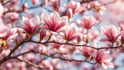 A spring pink and purple magnolia blossom flower branch, magnolia tree blossoms in springtime. tender pink flowers bathing in sunlight. warm april weather 