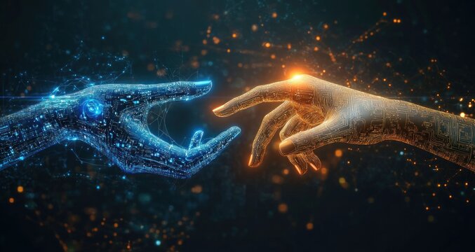 AI Connection Between Human and Machine in a Futuristic Cyberpunk World with Neon Lights and Circuit Patterns