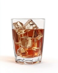 Glass of Whiskey with Ice Cubes on White Background