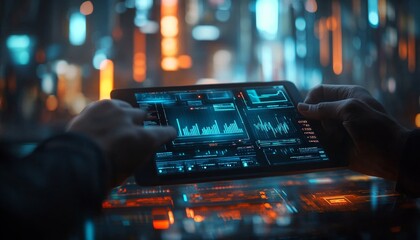 Businessman Analyzing Upward Trending Graph on Futuristic Digital Tablet in Cityscape Setting