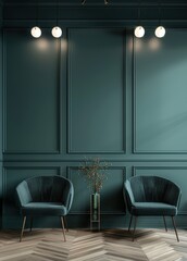 Two teal velvet chairs in a room with dark green wainscoting and a vase with dried branches in the center