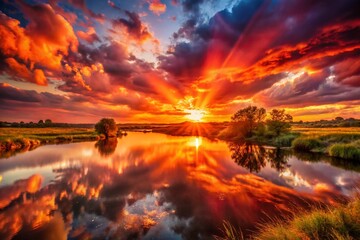 Obraz premium Dramatic Deep Orange Red Sunset over Dark Pond Water, Sunrays Through Clouds