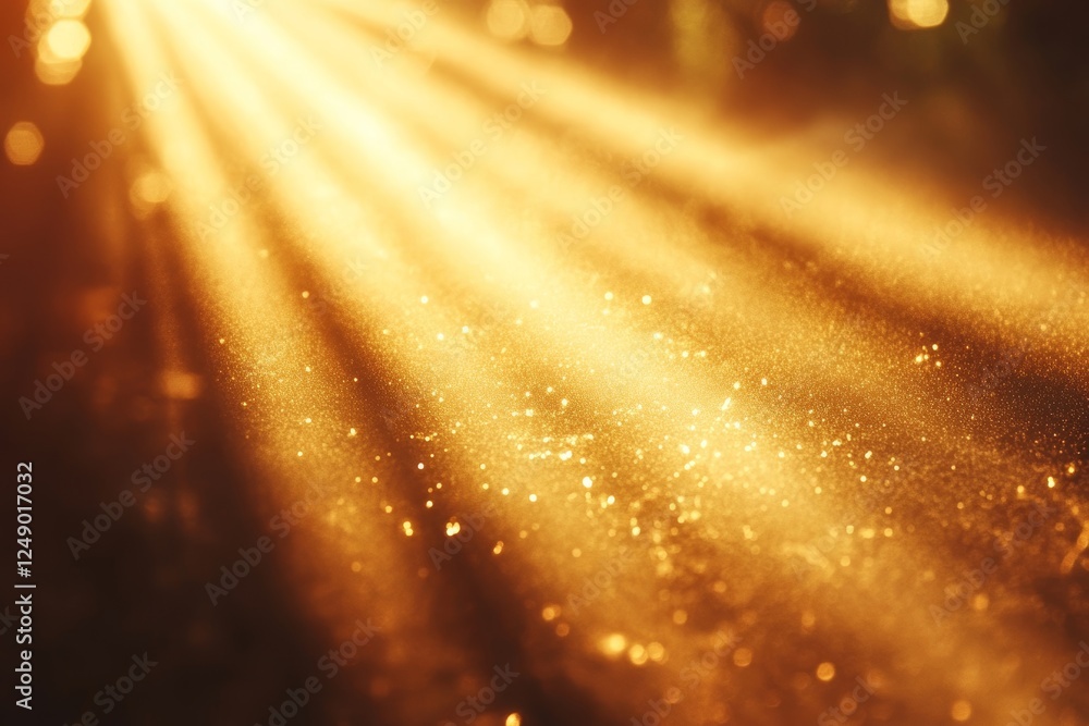Poster golden light rays illuminating dust particles, creating a magical, ethereal atmosphere.