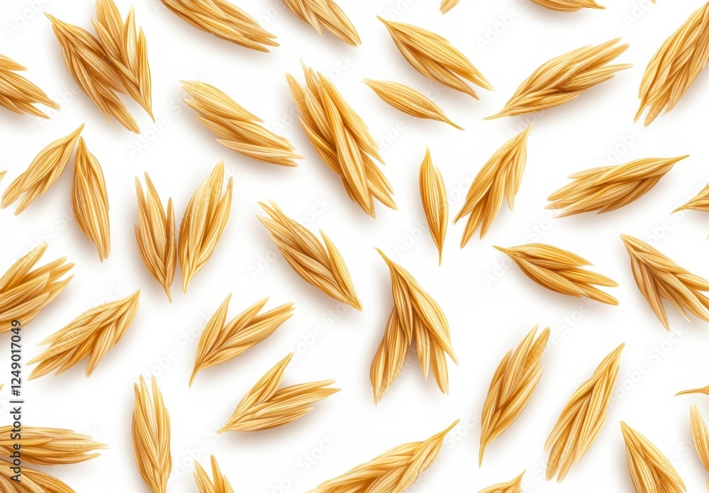 Poster golden wheat ears scattered on a white background, creating an abstract pattern. high angle close up