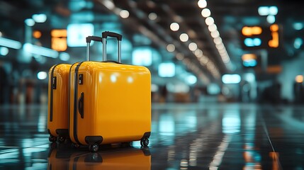 Luxury yellow and brown luggage set displayed in airport terminal setting, enhanced by golden hour lighting and reflective surfaces creating a sophisticated travel atmosphere.