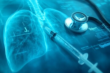 Lung X-ray, syringe, stethoscope, medical data, treatment