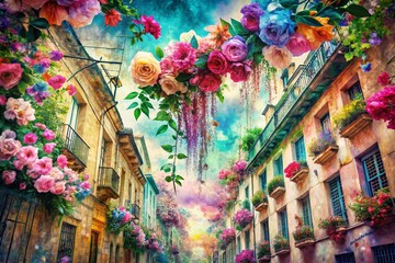 Fototapeta premium Dreamlike Watercolor Floral Pattern: Abstract Jewel Tone Blooms & Delicate Vines