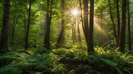 Obraz premium Lush green forest with sunlight streaming through the trees, highlighting the Earth Day theme of environmental preservation and natural beauty.