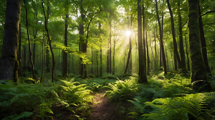 Obraz premium Lush green forest with sunlight streaming through the trees, highlighting the Earth Day theme of environmental preservation and natural beauty.