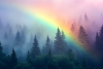 Fototapeta premium A misty forest landscape with tall trees and a vibrant rainbow arching through the fog, creating a dreamy atmosphere. Concept Misty Forest Landscape, Tall Trees, Vibrant Rainbow, Dreamy Atmosphere