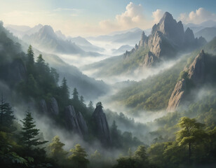 Landscape of towering mountains enveloped in dense, rolling mist