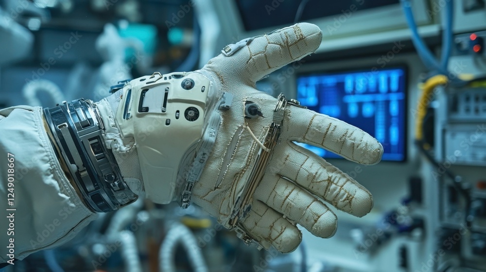 Poster close up of a sophisticated robotic glove in a laboratory environment, showcasing intricate design a