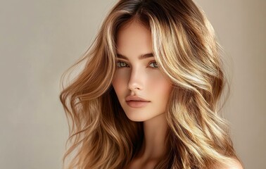 Naklejka premium Glamorous Portrait of Woman with Long Wavy Hair in Soft Natural Light Minimalist Fashion Photography